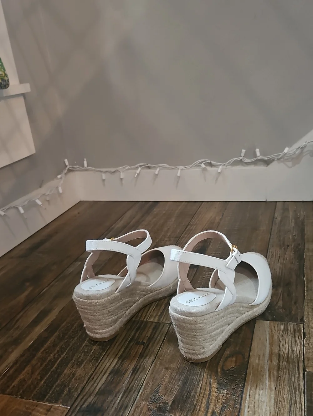 Cole Haan White Canvas Espadrille Wedge Sandals with Ankle Strap and Gold Buckle